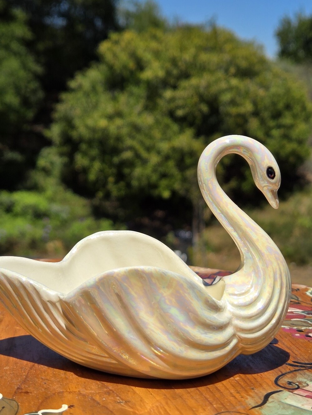 VTG Iridescent White Swan Planter Ceramic Lusterware MCM Figurine Trinket Dish